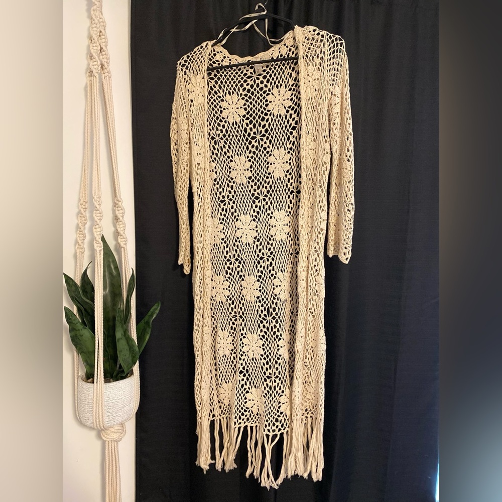 Forever 21 beige, crochet cardigan with flower details. Size small.
